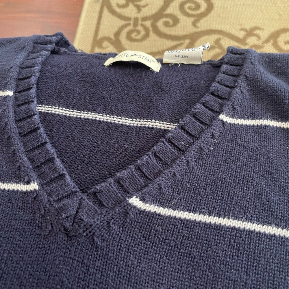 White Stag Vintage sweater Navy Blue White stripes ribbed cotton V Neck size LG - Picture 11 of 13